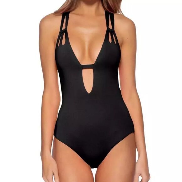 NWT Becca Women's Black Color Code Cutout Plunge Neck One-Piece size small - Picture 1 of 6